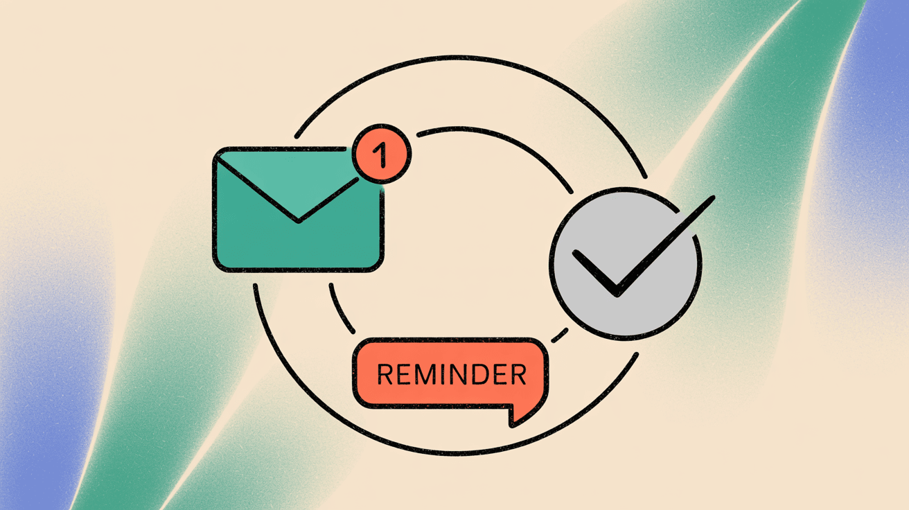 Circular lifecycle diagram showing Gmail forwarding process with new mail notification, reminder banner, and verification checkmark